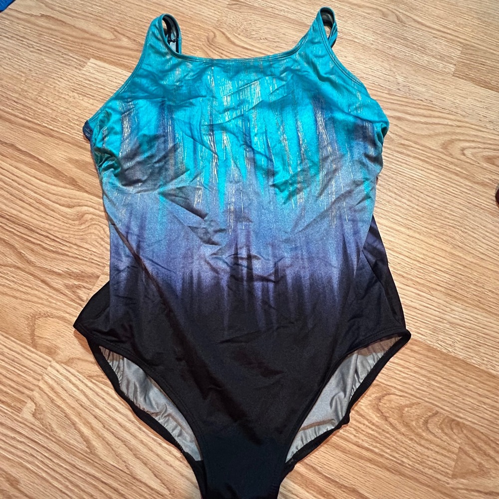 Longitude Womens Teal Purple Ombre Metallic Foil One Piece Swimsuit Size 16